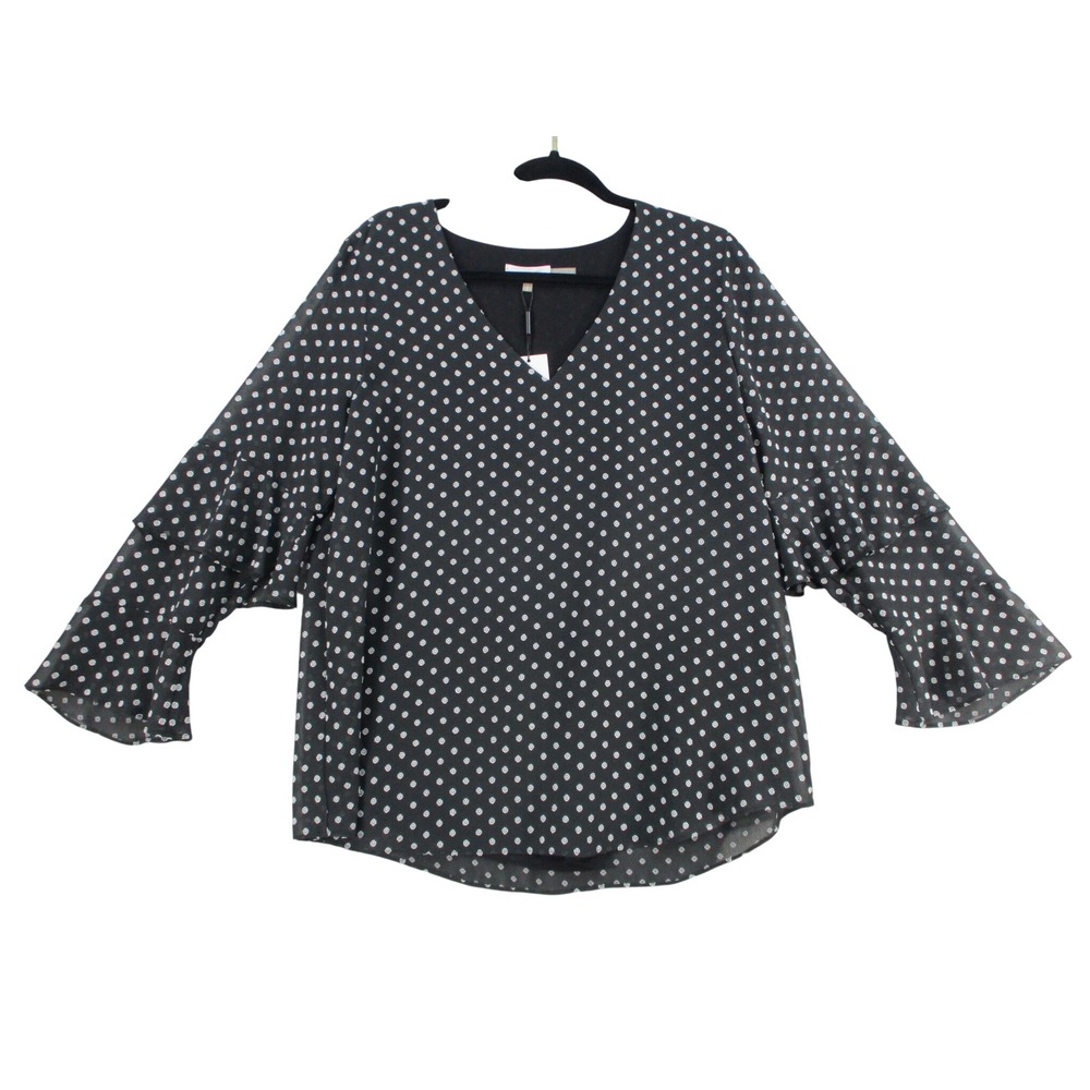 Vinceโ Camuto Polka Dot V-Neck Blouse Black White Tiered Ruffle Sleeve Top XL